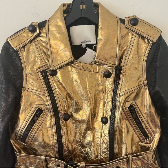 NWT 3.1 Phillip Lim Distressed Metallic Belted Biker Jacket Bronze Sz 6 (a2) - Picture 4 of 16